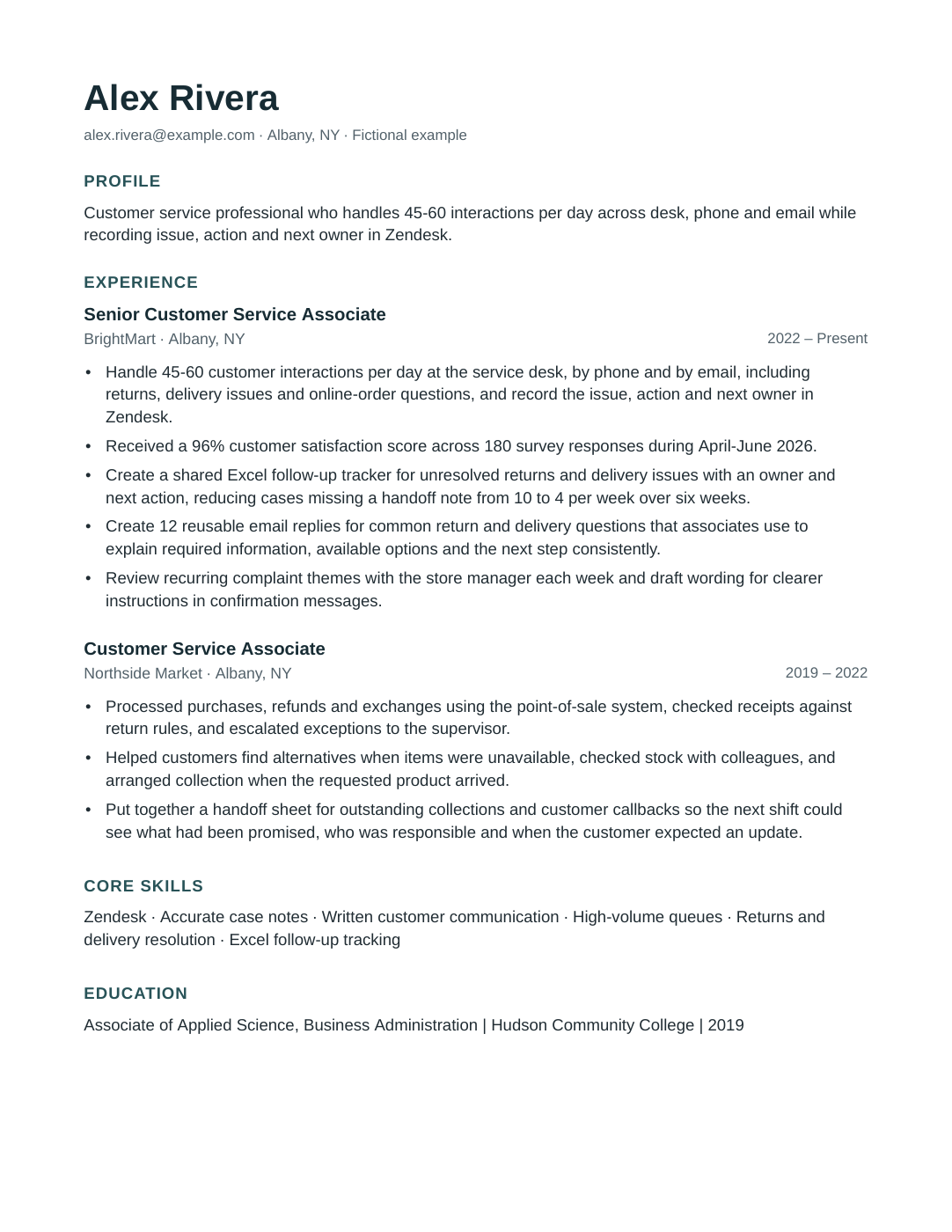 First page of Alex Rivera’s fictional resume tailored to a customer-service role