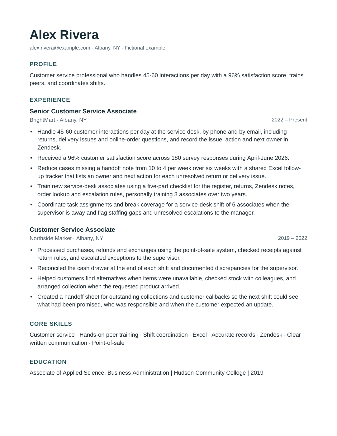 First page of Alex Rivera’s fictional resume tailored to a customer-service team-lead role